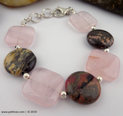 Rose Quartz and Rhodonite Adjustable Sterling Bracelet