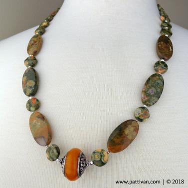 Rhyolite Gemstone and Tibetan Bead Necklace and Earrings