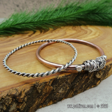 Twisted Sterling Silver and Mixed Metal Copper Bangle