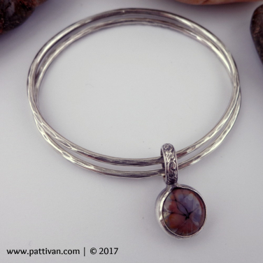 Set of 2 Sterling Silver Bangles with Artisan Glass Cabochon