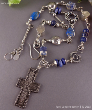 Sterling Necklace with Lapis and Soderlite and Artisan Pewter Cross