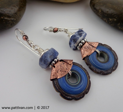 Sodalite Gems and Artisan Glass Mixed Metal Earrings