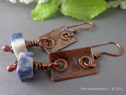 Sodalite Gemstones and Textured Copper Tab Earrings