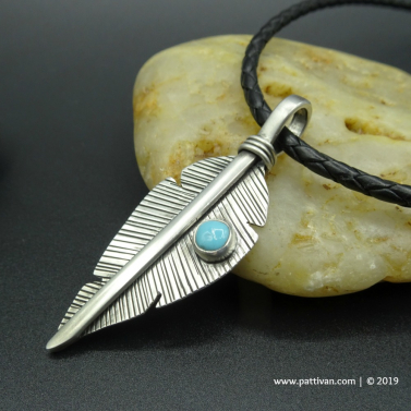 Sterling Feather and Turquoise Pendant Necklace