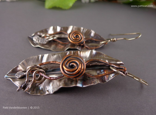 SS Leaves and Copper Rose Earrings