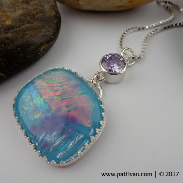 Sterling Dichroic Glass and CZ Sterling Silver Necklace