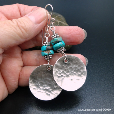 Hammered Sterling Discs with Turquoise Earrings