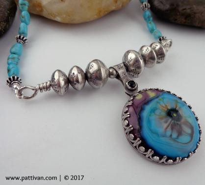 Turquoise Necklace with Artisan Glass Cab and Hollow SS Beads
