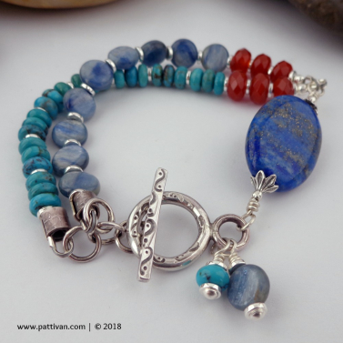 Kyanite Turquoise Lapis Carnelian and Sterling Bracelet