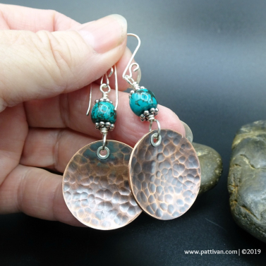Turquoise and Hammered Copper Disc Mixed Metal EArrings