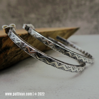 Zig Zag Pattern Sterling Silver Hoops