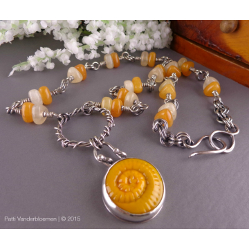 Sterling Silver, Artisan Lampwork Cab, Yellow Jade Gemstones