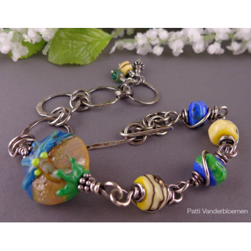 Artisan Glass Ocean Themed Adjustable Sterling Bracelet