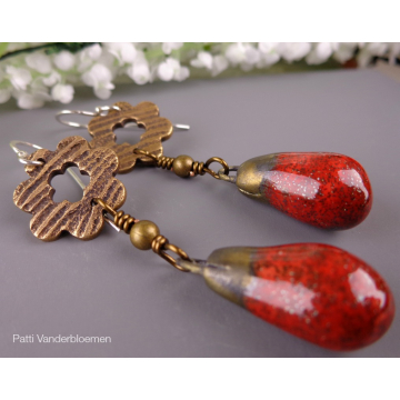 Ruby Shimmer - Porcelain and Bronze Earrings