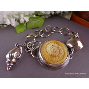 Artisan Ammonite Cabochon and Handmade Sterling Chain Bracelet
