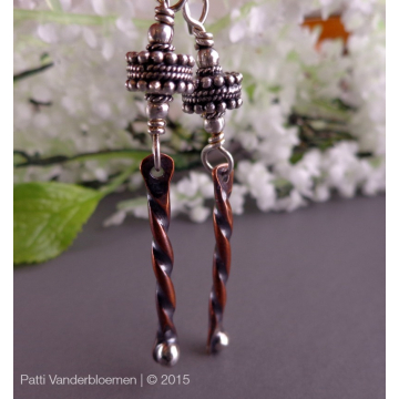 Twisted Copper and Sterling Bali Bead Earrings