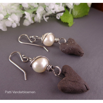 Pearls and Artisan Ceramic Heart Charms