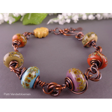 Rustic Artisan Lampwork Beads and Solid Copper Adjustable Bracelet