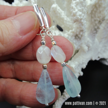 Aquamarine and Faceted Moonstone Sterling Silver Earrings