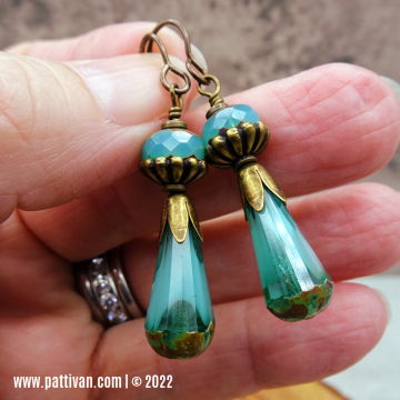 Aquamarine Czech Glass and Antique Brass Earrings
