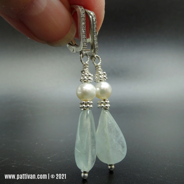 Aquamarine and Pearl Sterling Silver Earrings