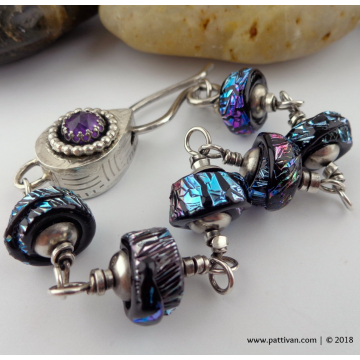 Dichroic Artisan Beads and Sterling Silver Box Clasp with Amethyst