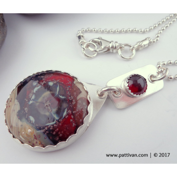 Artisan Glass Cabochon and Garnet Sterling Silver Necklace