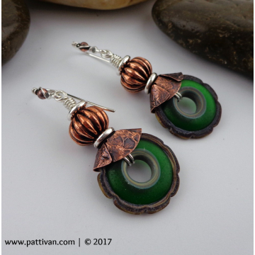 Emerald Green Artisan Glass Mixed Metal Earrings