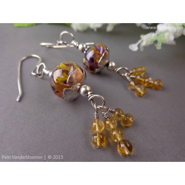 Artisan Lampwork, Citrine Gems, and Sterling Earrings