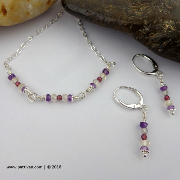 Assorted Tiny Gemstones and Sterling Necklace and Earrings Set 