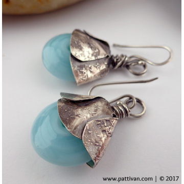 Baby Blue Artisan Glass and Hand Wrought Silver Bead Caps