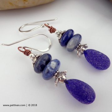 Blue Artisan Glass Drops and Sunset Dumortierite Earrings