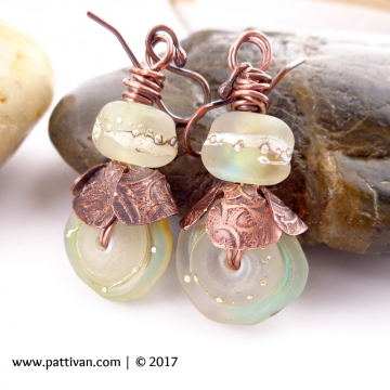 Cool White Artisan Glass and Copper Earrings