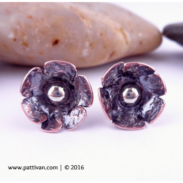Copper and Sterling Flower Post-Style Earrings