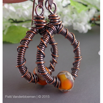 Artisan Lampwork and Copper Wire Wrapped Hoop Earrings