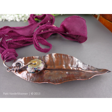 Fold Formed Copper Leaf and Silk Necklace