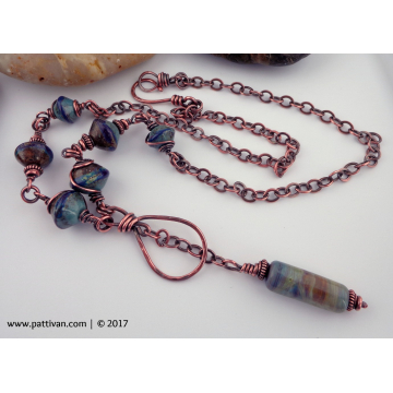 Denim Themed Artisan Glass Lampwork and Copper Necklace