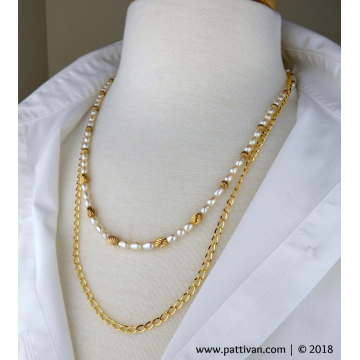 Double Strand Freshwater Pearls and Gold Necklace