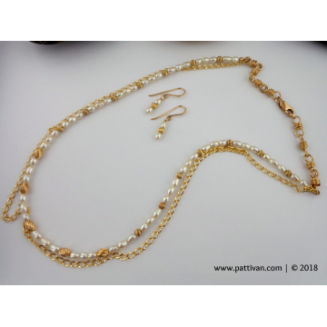 Double Strand Freshwater Pearls and Gold Necklace and Earrings