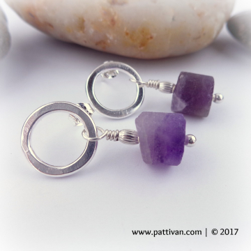 Fine Silver Hoops and Amethyst Post Style Earrings