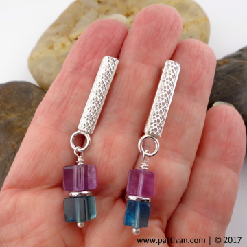 Fluorite Gemstones and Snakeskin Textured Sterling Earrings