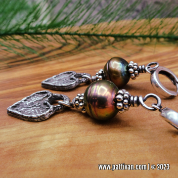 Freshwater Pearls and Artisan Pewter Heart Earrings