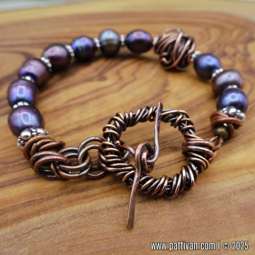 Freshwater Peacock Pearls, Handcrafted Copper Elements, Mixed Metal Bracelet