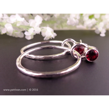Faceted Garnet and Sterling Hoop Post-Style Earrings