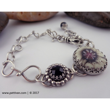 Artisan Glass Onyx and Sterling Silver Bracelet