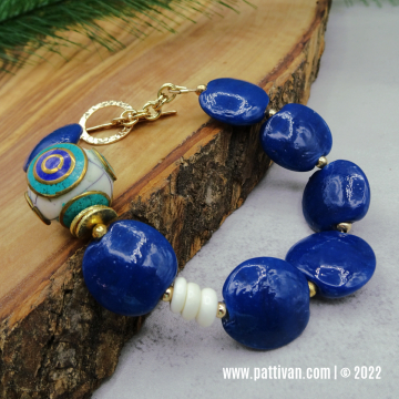 Blue Indonesian Glass with Gold Accents Bracelet