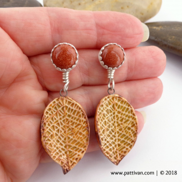 Goldstone and Artisan Ceramic Leaf Charm Post Earrings