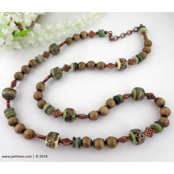 Artisan Glass Jade and Wood Bead Necklace and Earrings