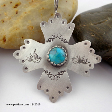 Stamped Sterling Silver Crucifix with Turquoise Pendant