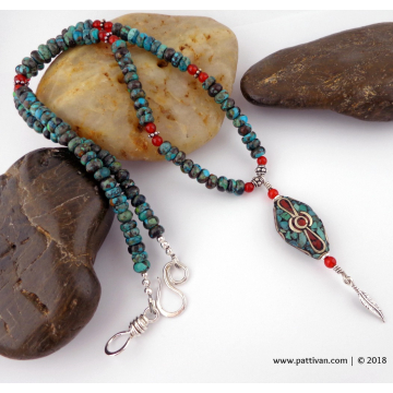 Hubei Turquoise with Carnelian and Tibetan Bead Focal Necklace